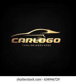 Gold Car Logo Template with Black Background. Abstract Car silhouette for Automotive Company logo. Vector Eps.10