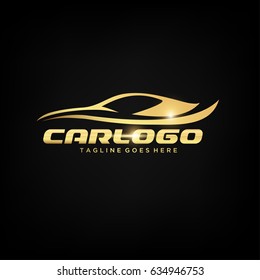 Gold Car Logo Template With Black Backround. Abstract Car Silhouette For Automotive Company Logo. Vector Eps.10