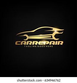 Gold Car Repair Logo Template with Wrench wheels. Abstract Car silhouette for Automotive Company and Repairing car. Vector Eps.10