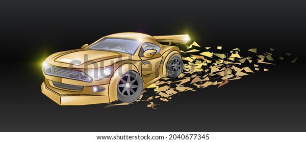 Gold car,\
speed, race winner award. Luxury auto.\
