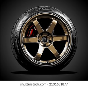 Gold Car Wheels With Racing Tires, T-shirt, Racing, Race, Drag Race, Rennen, Rennen, Drag-Rennen,