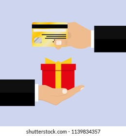 Gold card in exchange for a gift. Vector illustration. Flat design for business financial marketing banking advertising web concept cartoon illustration.
card in return for a gift