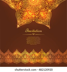 Gold Card or invitation with Mandala and seamless border. Vector hand-drawn highly detailed round mandala elements. Luxury lace festive ornament card. Islam, Arabic, Indian, Turkish, Ottoman, motifs.