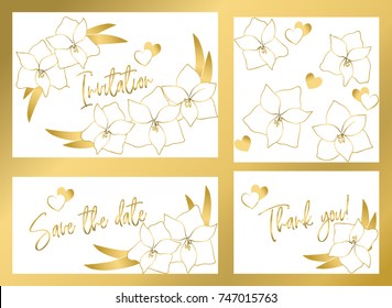 gold card set of contour amaryllis flowers with words invitation, save the date, thank you