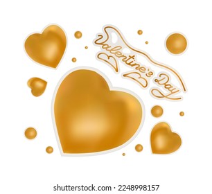 Gold Card for valentines day on white with hearts, and hand lettering with glow. Vector illustration. Design Cute card cover and pages for the postcard, notebook, brochures, templates, banners, storys