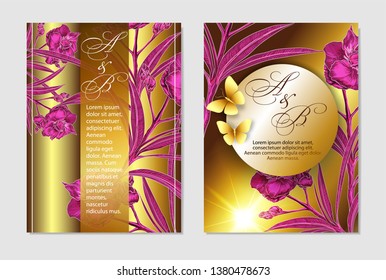 Gold card for wedding and birthday, certificate with tropical flowers and oleander leaves. Summer sale, big discount, label cosmetics, fabrics, ornament tableware