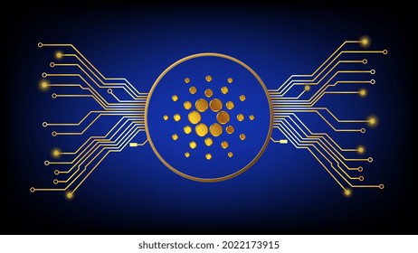 Gold Cardano ADA cryptocurrency symbol in circle with pcb tracks on dark background. Design element in techno style for website or banner. Vector illustration.