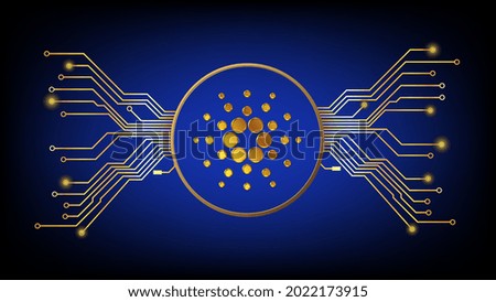 Gold Cardano ADA cryptocurrency symbol in circle with pcb tracks on dark background. Design element in techno style for website or banner. Vector illustration.