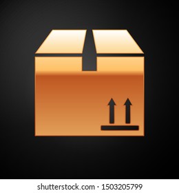 Gold Cardboard box with traffic symbol icon isolated on black background. Box, package, parcel sign. Delivery, transportation and shipping.  Vector Illustration