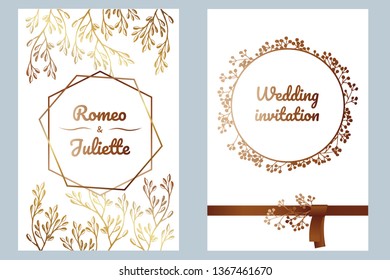 Gold cards templates with floral branches for save the date, wedding invites, greeting cards, postcards. Vector elements with dark metallic frames