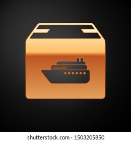 Gold Cargo ship with boxes delivery service icon isolated on black background. Delivery, transportation. Freighter with parcels, boxes, goods.  Vector Illustration