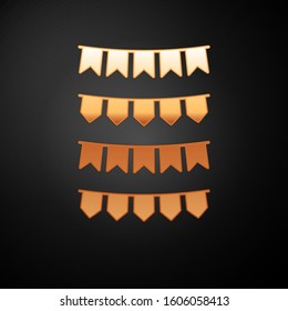 Gold Carnival garland with flags icon isolated on black background. Party pennants for birthday celebration, festival and fair decoration.  Vector Illustration