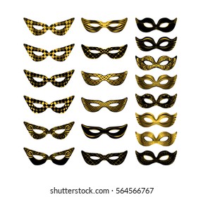 Gold carnival mask collection. Black and gold decorative ornament, isolated masks set on white. Hand drawn elements, Vector illustration.