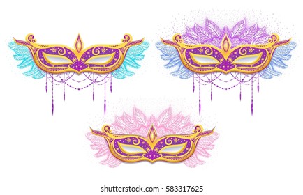 Gold carnival mask with feathers and beads. Vector isolated illustration. Mardi Gras.