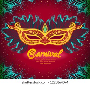 Gold carnival mask with feathers on the red background with green branches christmas tree.