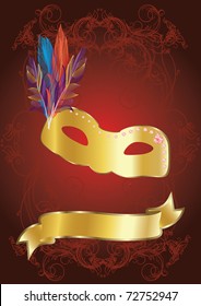 gold carnival mask on red background