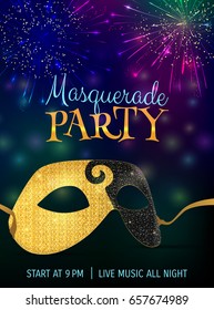 Gold carnival mask with shiny texture. Bokeh lights and fireworks background. Invitation card template. Vector illustration EPS10.
