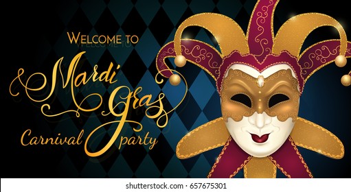 Gold carnival mask with shiny texture, smiling clown face. Bokeh lights background. Invitation card template. Vector illustration EPS10.