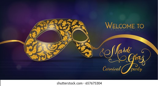 Gold carnival mask with shiny texture.  Hand drawn lettering Mardi Gras. Bokeh lights and fireworks background. Invitation card template. Vector illustration EPS10.