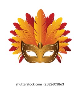 Gold carnival mask with yellow and red feathers flat vector illustration isolated on white background