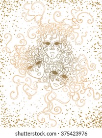 Gold carnival masks with ribbons on white backdrop