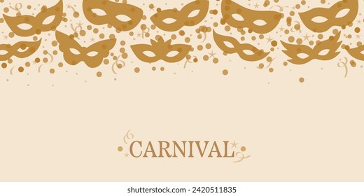 Gold carnival vector greeting banner with masks and confetti, elegant holiday backgorund concept