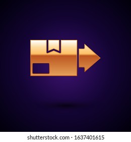 Gold Carton cardboard box icon isolated on dark blue background. Box, package, parcel sign. Delivery and packaging.  Vector Illustration