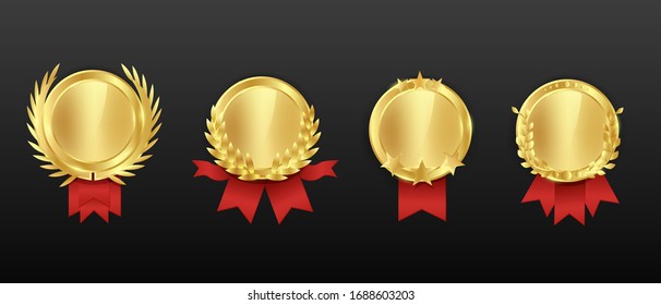 Gold cartoon award medal with red ribbon set isolated on black background. Glossy prize symbol of victory with decorative design element and empty place for text vector graphic illustration