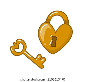 Gold cartoon key and heart shaped lock, art set. Vector illustration on the theme of love in a cartoon children's style. Isolated funny clipart on a white background. Nice print