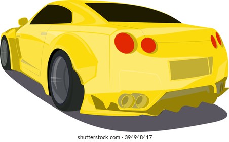 Gold cartoon sport car  back view. Yellow vector auto. Popular geek sportscar. Two seater, two door automobile. Luxury coupes, muscle car, premium sports