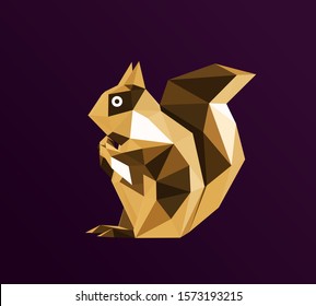 Gold Cartoon Squirrel on Purple Background. Shiny Metallic Golden Low Poly Vector 3D Rendering