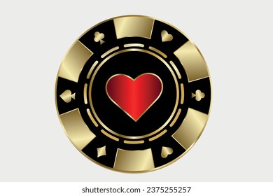 Gold casino chip with a bright red sign of the suit of hearts. Vector illustration in creative fashionable style.Casino gaming concept.