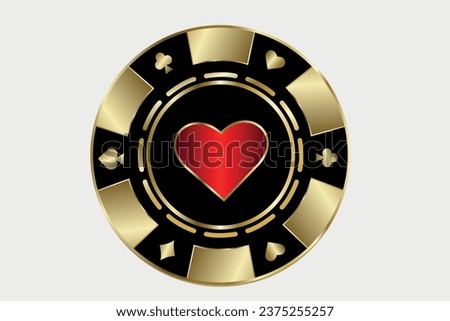 Gold casino chip with a bright red sign of the suit of hearts. Vector illustration in creative fashionable style.Casino gaming concept.