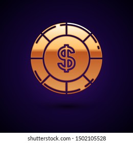 Gold Casino chip with dollar symbol icon isolated on dark blue background. Casino gambling.  Vector Illustration