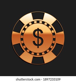 Gold Casino chip and dollar symbol icon isolated on black background. Long shadow style. Vector.