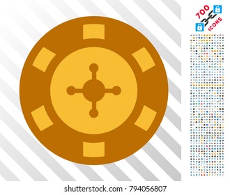Gold Casino Chip pictograph with mining and blockchain additional collection. Vector style is flat yellow symbols. Bonus has 7 hundred icons.