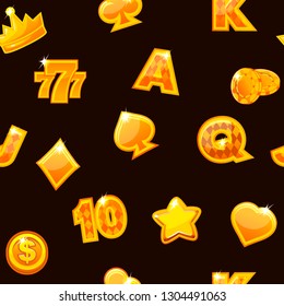 Gold Casino Icons on black Background, seamless repeating pattern. Vector illustration.