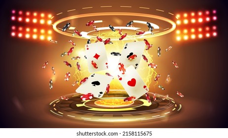 Gold Casino playing cards with poker chips and hologram of digital rings in orange empty scene with spotlights