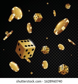 Gold Casino Poker Chips And Dices Solated In Front Of Black Background