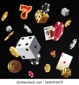 Gold casino poker chips and dices isolated in front of black background