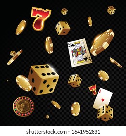 Gold casino poker chips and dices isolated in front of black background