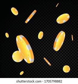 Gold Casino Poker Chips Falling Isolated On Black Transparency Background