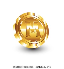 Gold casino poker chips with letter M in center. Vector Illustration.