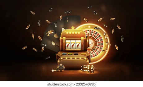 Gold Casino Slot Machine with black playing cards, neon gold roulette, dice and chips in dark scene. Casino backdrop for your arts