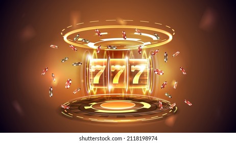 Gold Casino slot machine with jackpot, poker chips and hologram of digital rings in orange empty scene