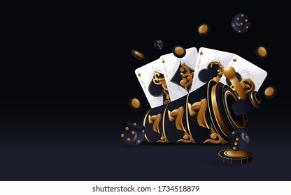 Gold Casino Spielplatz, Pokerkarten, Pokerchips und Würfel auf dem goldenen Hintergrund