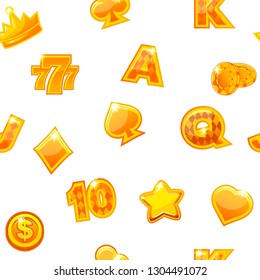 Gold Casino and slots Icons on white Background, seamless repeating pattern. Vector illustration.
