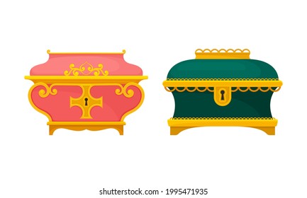 Gold Casket Or Jewelry Box As Decorated Small Container Vector Set