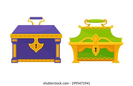 Gold Casket Or Jewelry Box As Decorated Small Container Vector Set