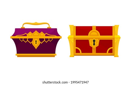 Gold Casket or Jewelry Box as Decorated Small Container Vector Set